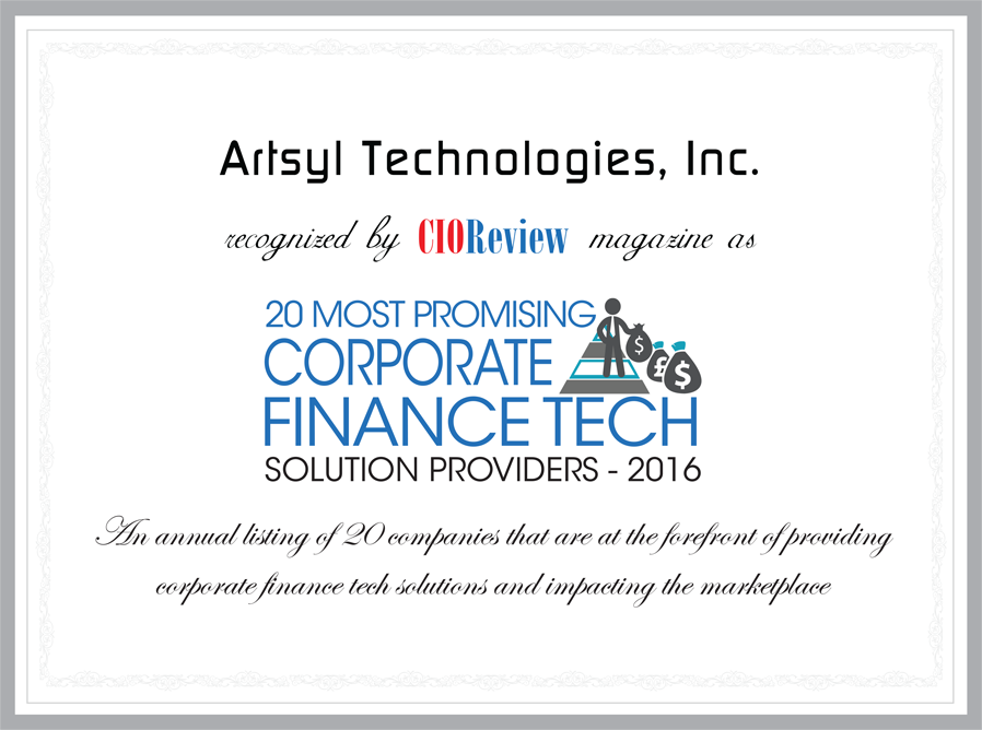 Artsyl Technologies recognized by CIOReview magazine as 20 most promising corporate finance tech solution providers - 2016